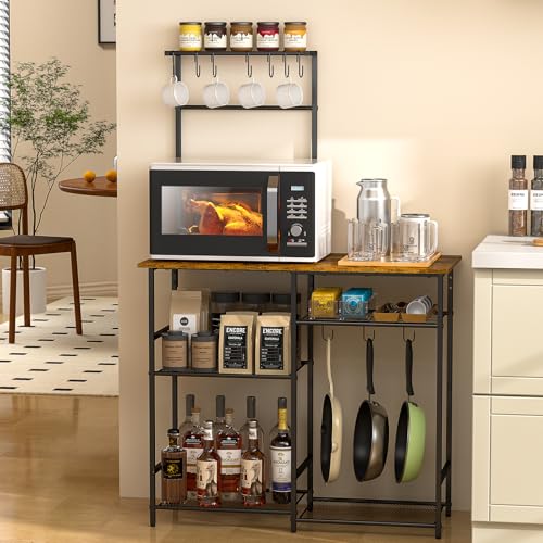 Baker's Rack for Kitchen with Storage, Microwave Stand with Adjustable Shelves and 10 S Hooks, 6-Tier Coffee Bar Station,