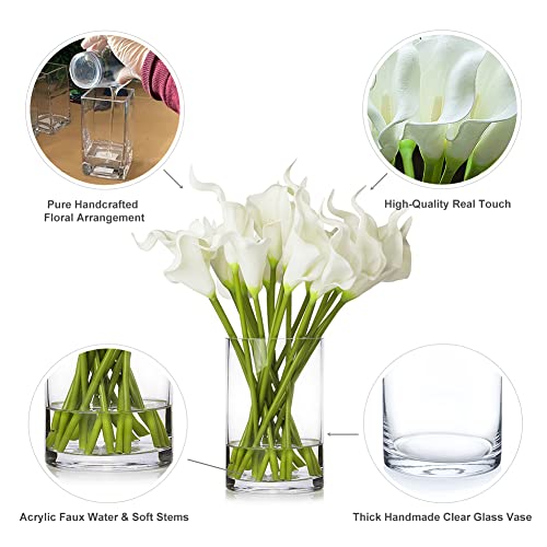 20 Pieces Real Touch Lilies Artificial Flowers with Vase, Faux Calla Lily Flowers Arrangement with Faux Water in Glass Vase for