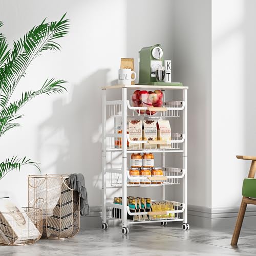 5-Layer Fruit Basket Kitchen Food Organizer and Rack, Stackable Storage Cart with Desktop, Pull-Out Hollow Metal Basket, Wheeled