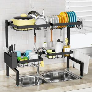 ［2-Tier 4 Baskets］Over The Sink Dish Drying Rack, 24.8"-35.4", Large Sink Rack for Kitchen, Extensible and Adjustable, Saving