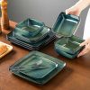 Stern Green Dinner Set Square Reactive Glaze Tableware 12 Pieces Kitchen Dinnerware Stoneware Crockery Set with Dinner Plate,