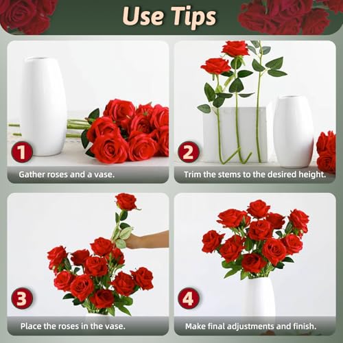 Red Roses Artificial Flowers 50 Pack in Bulk, Fake Roses Flowers Realistic Roses for Wedding Home Party Decoration Event Gift