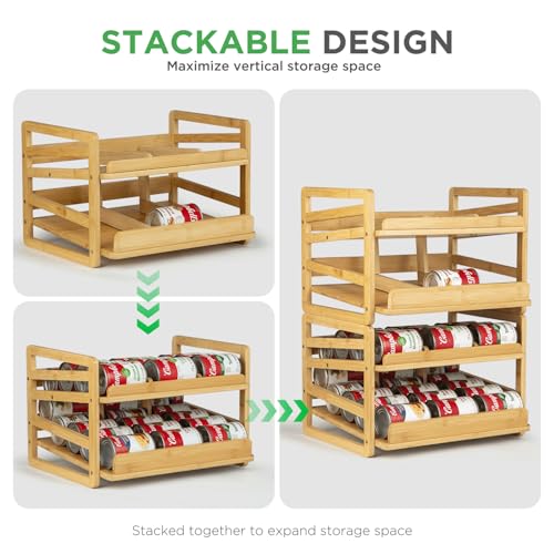 Bamboo Rolling Can Organizer Rack, Stackable 2 Tier Canned Food Organizer Rack for Storage, Kitchen Cabinet, Can Holders