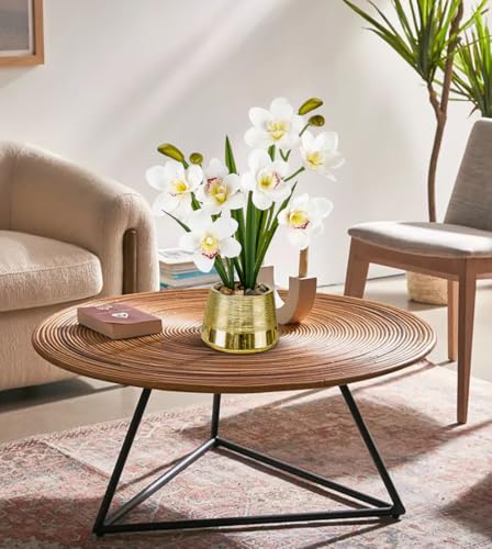 White Orchids Artificial Flowers Faux Silk Cymbidium Orchids in Gold Pot Fake White Orchid Flower Arrangements Orchid