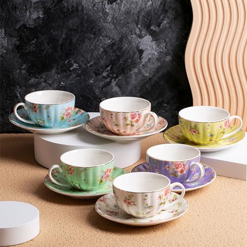 BTaT- Floral Tea Cups and Saucers Set of 6 (7 oz), Porcelain Tea Cups Set of 6, Pastel Bloom Design with Gold Trim, Dishwasher &