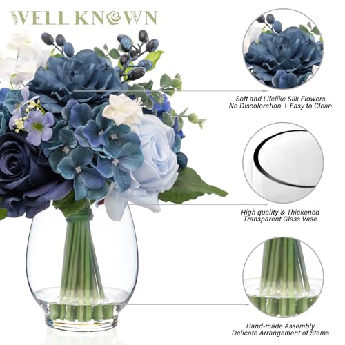 Fake Flowers in Vase with Fake Water, Realistic Faux Silk Blue Rose Hydrangea Artificial Flowers Indoor Arrangements Centerpiece