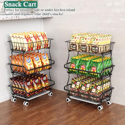 3-Tier Rolling Pantry Floor Organizer and Storage Cart with Wheels, Stackable Wire Pantry Baskets for Pantry Shelves, Kitchen