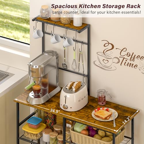 Bakers Rack with Power Outlet, Kitchen Microwave Stand with 10 S-shaped Hooks, 6-Tier Coffee Bar Station, Kitchen Storage Shelf