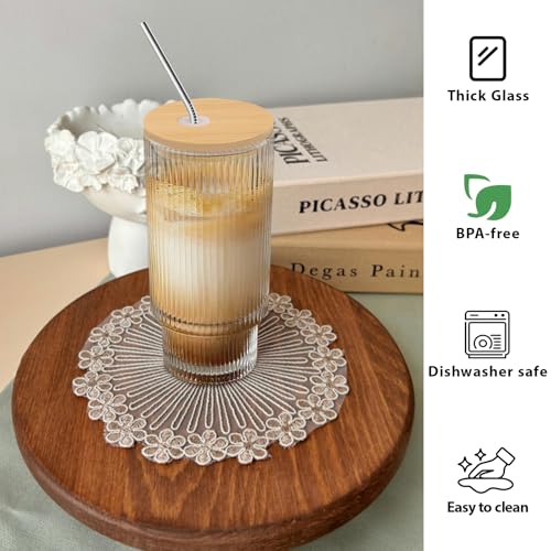 Iced Coffee Cups with Lids 4 Pcs - 16 OZ Glass Cups with Lids and Straws, Reusable Ice Coffee Tumbler, Clear Ribbed Drinking