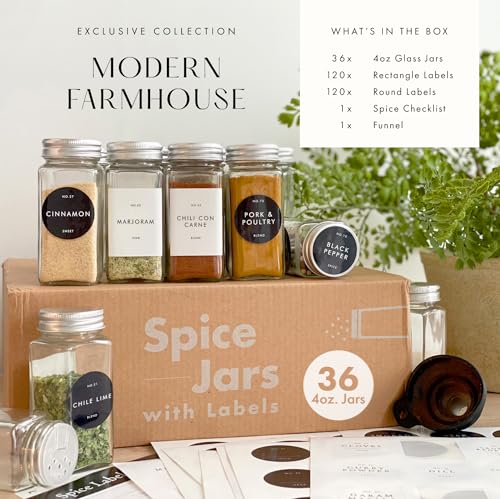 Glass Spice Jars with Labels with Metal Lids and Shakers Farmhouse 36 Pack Set, 4oz Small Clear Empty Spice Bottles Seasoning