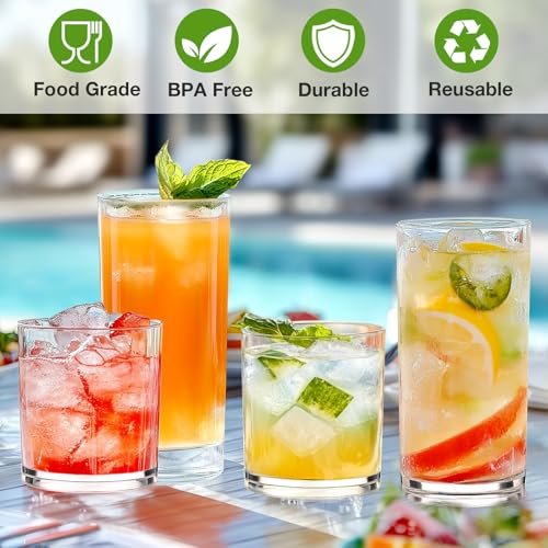 Plastic Drinking Glasses Set of 8, 14oz Rocks & 20oz Water Cups, Unbreakable Plastic Glasses Drinkware, Clear Kitchen Tumblers