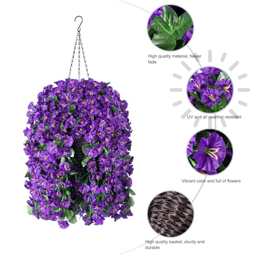 Artificial Faux Hanging Flowers Plants Basket for Spring Summer Outdoor Porch Decor, Fake Silk Purple Morning Glory Long Vine in