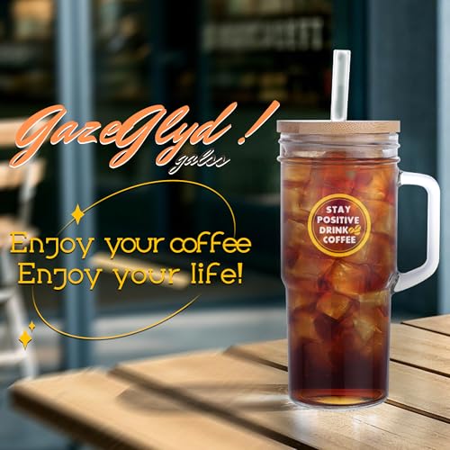 2 Pcs Glass Cups with Lids and Straws, 20oz/600ml Ice Glass Coffee Cups with Lids, Reusable Wide Mouth Tumbler with Handle &