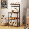 Kitchen Bakers Rack with Power Outlet, Small Coffee Bar Cart 4 Tiers, Microwave Stand Station with 8 S Hooks, Adjustable Shelf,
