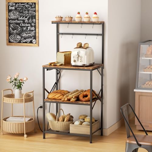 Kitchen Bakers Rack with Power Outlet, Small Coffee Bar Cart 4 Tiers, Microwave Stand Station with 8 S Hooks, Adjustable Shelf,