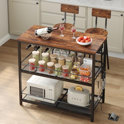 Kitchen Island with Power Outlet, Kitchen Storage Rack with 4 S Hooks, Microwave Stand with Wine Rack, 3-Tier Coffee Station,