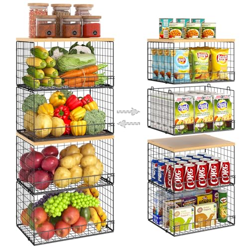 4 Pack Stackable Wire Baskets for Pantry Organizers and Storage, Pantry Baskets with Fixed Wooden Top, Fruit and Vegetable