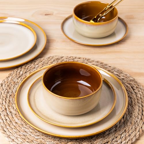 Ceramic Dinnerware Sets for 4,12-Piece Plates and Bowls,Handmade Reactive Glaze Dishes Set,Chip Resistant and Scratch Resistant
