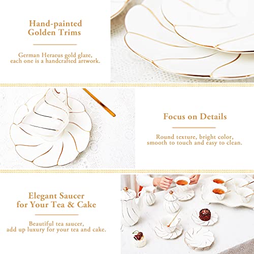 6 pc Porcelain Tea Saucers - 6 inch, Luxury British Style Coffee Cup Saucers with Golden Trim, Beautiful Decor for Living Room,