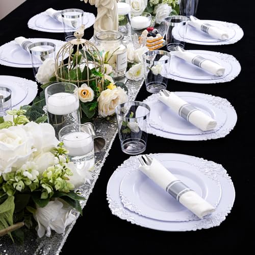 350PCS Silver Plastic Plates - Silver Plastic Dinnerware Sets for 50 Guests - 100 Disposable Plates, 150 Silverware, 50 Cups, 50