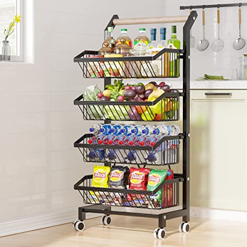 Snack Cart with Wheels 4-Tier Adjustable Fruit Rack Fruit Vegetable Basket Cart Metal Wire Storage Cart Rolling Pantry Utility