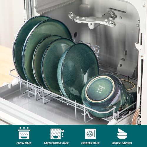 Starry Plates and Bowls Sets for 6, 24 Pieces Dinnerware Sets, Green Reactive Glaze Dishes Sets for Kitchen, Scratch Resistant