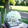 Artificial Hydrangea Silk Flowers Arrangements in Cube Glass Vase for Home Wedding