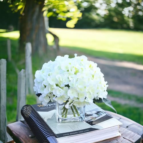 Artificial Hydrangea Silk Flowers Arrangements in Cube Glass Vase for Home Wedding