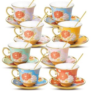 8 Set Tea Cups and Saucers, 8 OZ Floral Porcelain Cup and Saucers Set for Latte Cappuccino Espresso Mocha Afternoon Tea Birthday