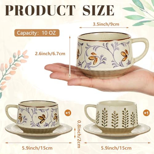 Set of 2 Vintage Coffee Tea Cups and Saucers Set 10oz Floral Porcelain Cappuccino Mug Latte Cups for Wedding Birthday Coffee