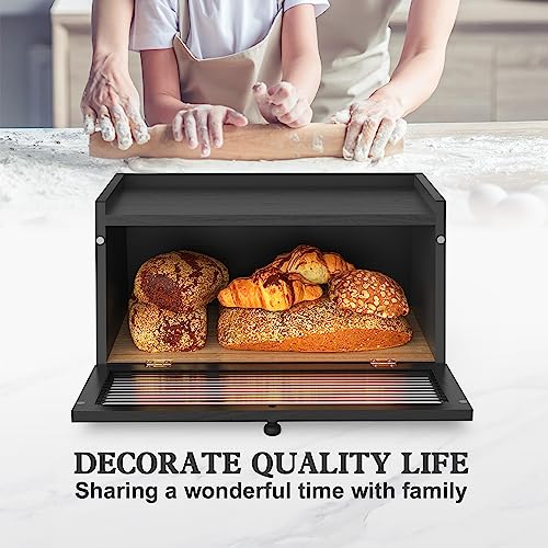 Bread Box for Kitchen Countertop Large Bread Box Farmhouse Bread Container Bread Storage with Window Bread Holder Black