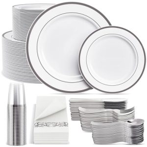 700 Count Silver Dinnerware Set-200 White and Plastic Plates-Set of 300 Plastic Silverware-100 Cups-100 Disposable Hand
