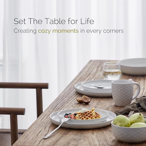 12-Piece Ceramic Plates and Bowls Sets, Farmhouse Dinnerware Sets for 4, Stoneware Dish Set, Scratch Resistant, Dishwasher &