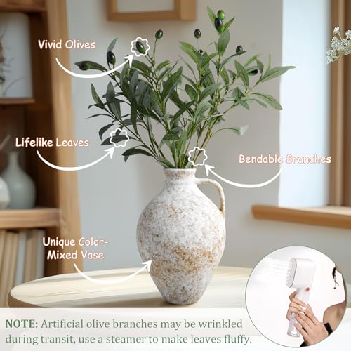 Vintage Ceramic Vase with Fake Olive Branches, Farmhouse White Vase with 2Pcs Faux Olive Plant Greenery for Home Bedroom Living