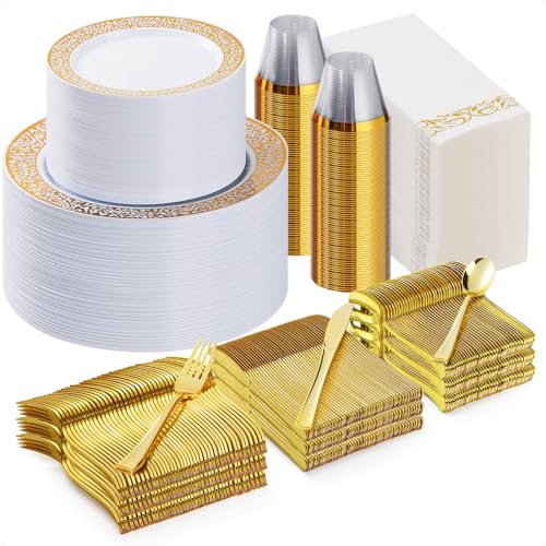700PCS Gold Plastic Dinnerware Set for 100 Guests, Disposable Plates for Party, Include 100 Gold Dinner Plates, 100 Dessert