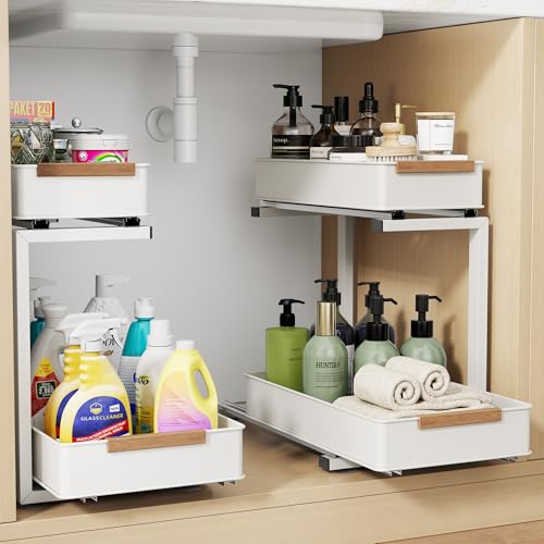 Under Sink Organizer 2 Pack - 2 Tiers Pull Out Cabinet Organizer for Kitchen or Bathroom, Slide Out Storage Shelf for Pantry,