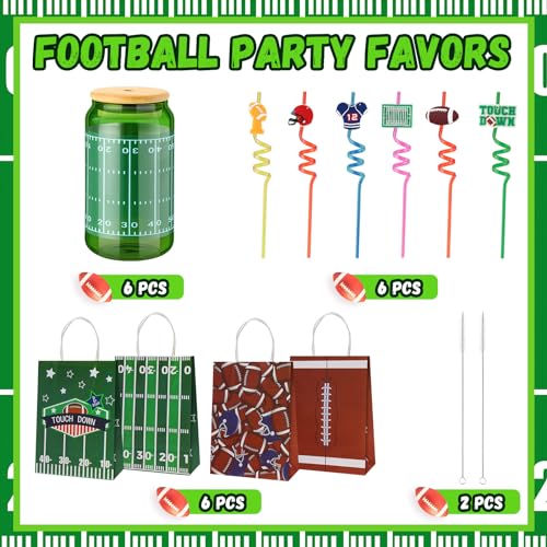 20 Pcs 13.5 oz Football Drinking Glasses Christmas Gift Bag Set with Lids and Straws Birthday Party Can Shaped Cups Glass Cups