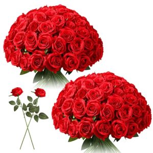 50pcs Red Roses in Bulk, Realistic Long Stem Fake Silk Roses Bouquet for Wedding Centerpiece Table Party Home Kitchen Decor