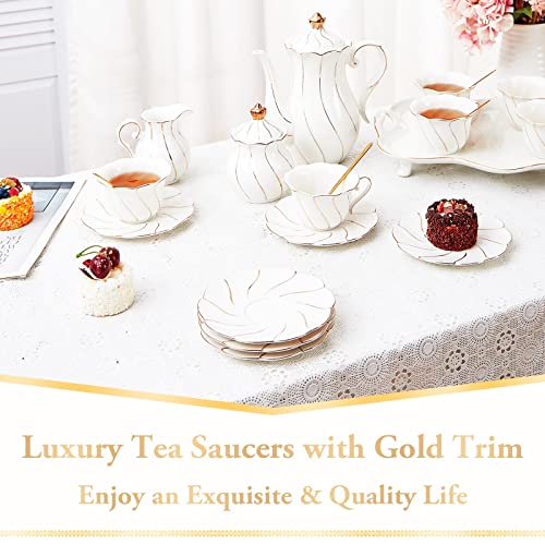 6 pc Porcelain Tea Saucers - 6 inch, Luxury British Style Coffee Cup Saucers with Golden Trim, Beautiful Decor for Living Room,