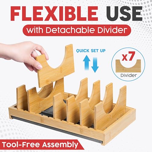 [Upgraded] Bamboo Pots and Pans Organizer under Cabinet, Bakeware and Cutting Board Organizers with Diatomaceous Earth Base & 7
