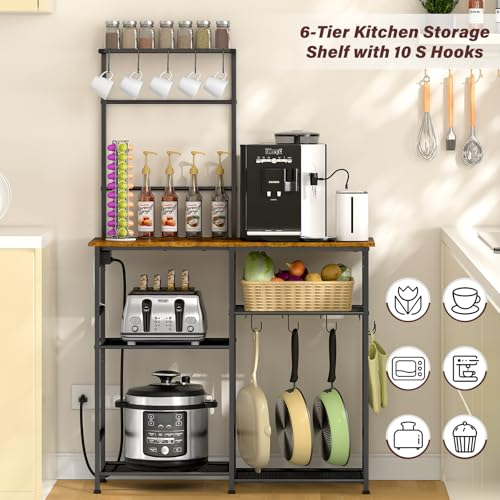 Bakers Rack with Power Outlet, Kitchen Microwave Stand with 10 S-shaped Hooks, 6-Tier Coffee Bar Station, Kitchen Storage Shelf