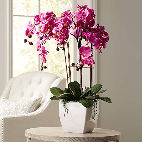 Potted Silk Faux Artificial Flowers Arrangements Realistic Purple Fuchsia Orchid in White Ceramic Pot for Home Decoration Living