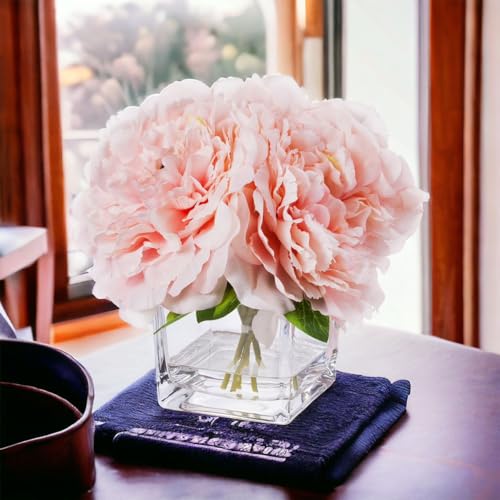 Artificial Peony Flowers Arrangements in Cube Glass Vase with Faux Water for Home Table Wedding Centerpiece Decor (Pink)