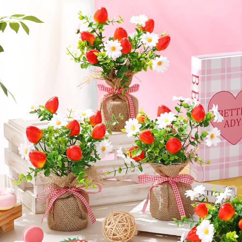6 Pack Small Strawberry Tables Centerpieces Decoration, Summer Fake Artificial Potted Plastic Flower Plants Rustic Faux Plant in