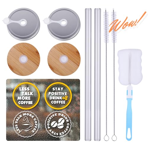 2 Pcs Glass Cups with Lids and Straws, 20oz/600ml Ice Glass Coffee Cups with Lids, Reusable Wide Mouth Tumbler with Handle &