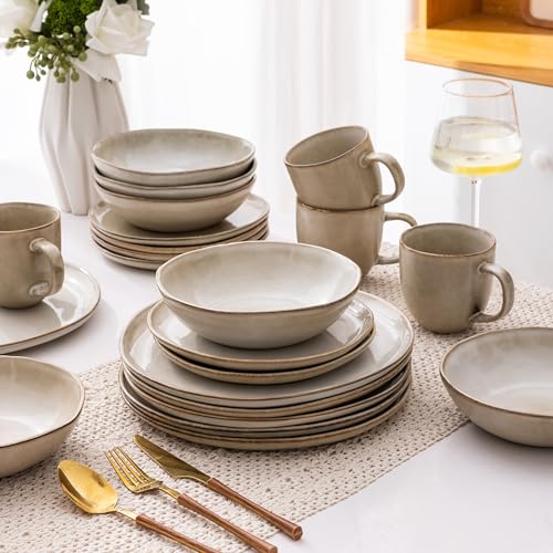 Ceramic Dinnerware Sets,Handmade Reactive Glaze Stoneware Plates and Bowls Sets,Highly Scratch Resistant | Dishwasher &