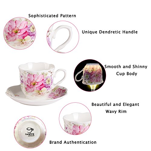 GY 12 PCS Tea Set - 7oz New Bone China tea Cups and Saucers with Pink Flower Pattern Porcelain Cups for Mocha Cappuccino Tea and