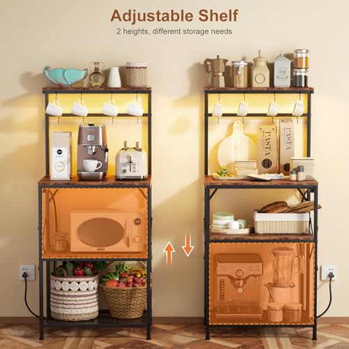 Kitchen Bakers Rack with Power Outlet & LED Lights, Small Coffee Bar Table with Adjustable Storage Shelf, 4 Tiers Microwave