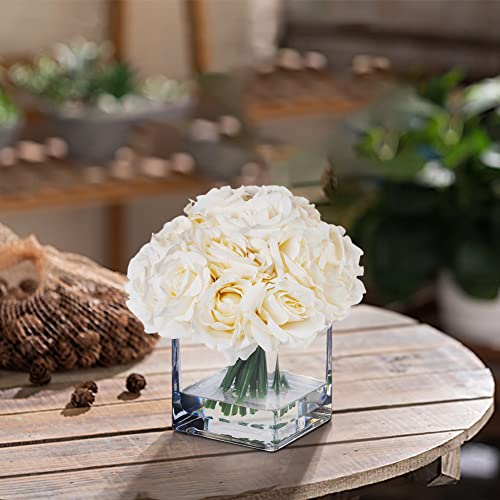 18 Pieces Rose Artificial Flowers in Vase, Artificial Flowers Arrangements in Vase with Faux Water for Dining Table Decoration,