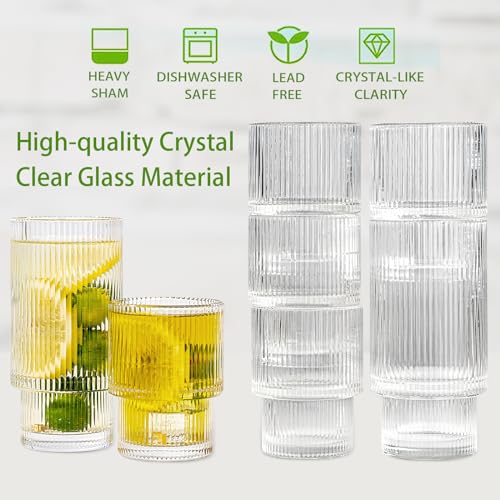 Ribbed Glasses Drinking Glassware - Set of 12 Vintage Cute Cocktail Cups - 6 Pcs Ripple Rluted Aesthetic Drinkware 16 oz & 6 Pcs
